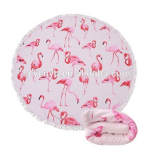 Couverture ronde épaisse de serviette de plage - tapis de yoga de cercle de Roundie de plage de Terry de microfibre avec la frange, solidité de couleur élevée-flamants roses